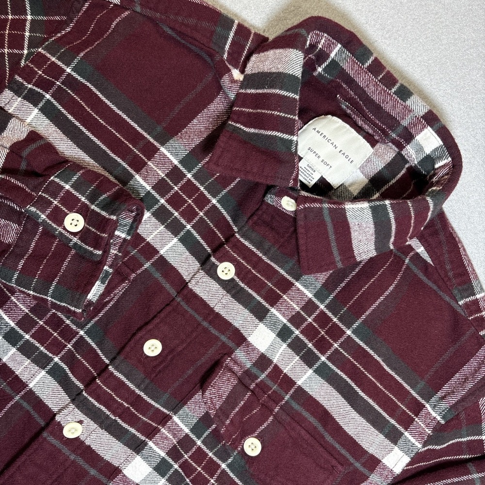 American Eagle S Flannel Shirt Mens Plaid Cotton Burgundy Button Super Soft